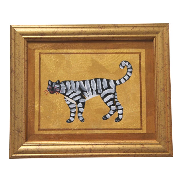 Tiger Minimalsm Boho Chic Pop Art Metallic Gold Black White Original Oil Painting Cleo Plowden For Sale