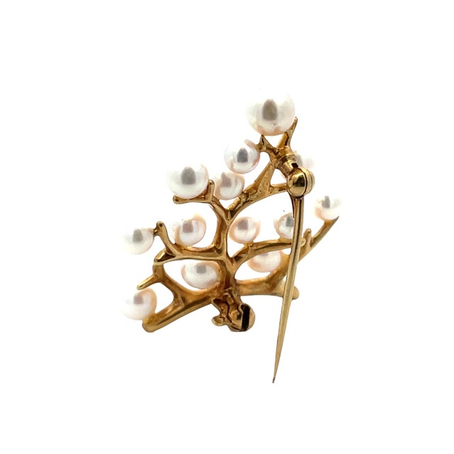 Modern Mikimoto 18k Yellow Gold Pearl Tree Branch Brooch Pin For Sale - Image 3 of 4