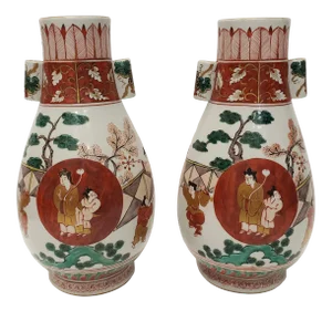 Air of Circa 1960 Japanese Kutani Style Porcelain Auspicious Motifs Arrow Vases (Showa Period)