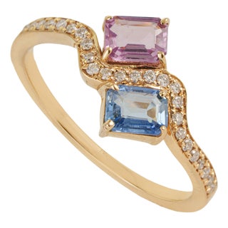 VRJewels 14k Yellow Gold Multi Sapphire & Diamond Toi Et Moi Wave Ring Size 9 For Sale