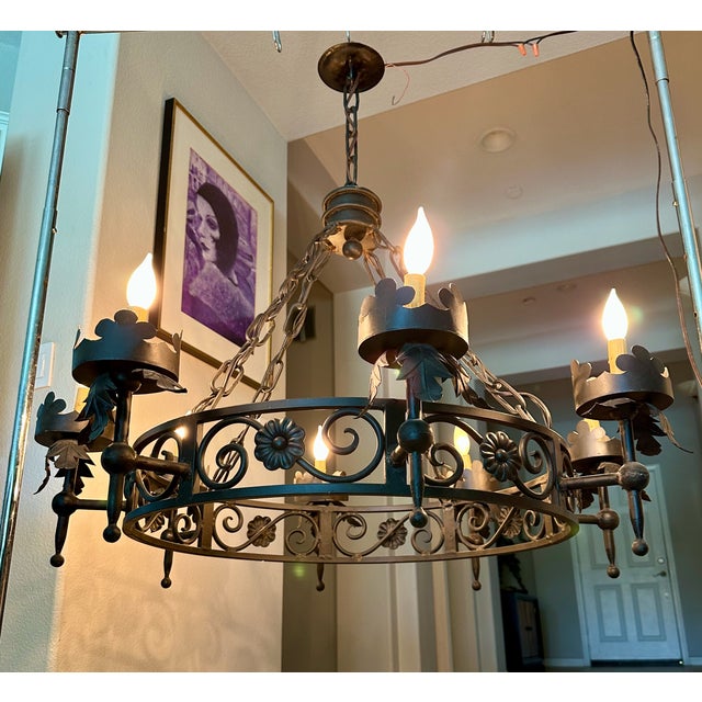 1960s Large Spanish Revival Metal Forged Black Chandelier For Sale - Image 11 of 17
