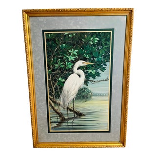 Spectacular Original Don Blake Snow Egret Large Gouache and Watercolor Painting, Framed For Sale