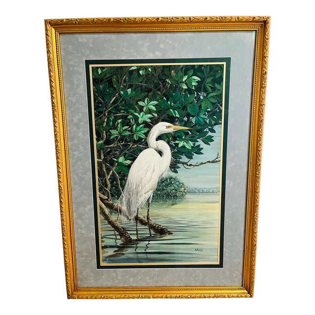 Spectacular Original Don Blake Snow Egret Large Gouache and Watercolor Painting, Framed For Sale