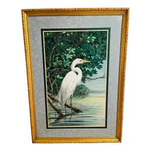 Spectacular Original Don Blake Snow Egret Large Gouache and Watercolor Painting, Framed