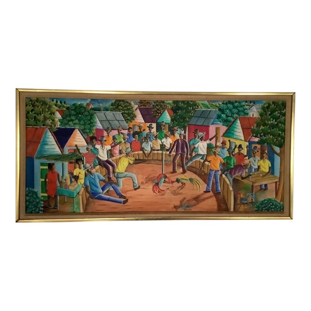 1950s Large Roosters- Oil Painting Work of Haitian Naive, Signed Bien-Sylvain For Sale