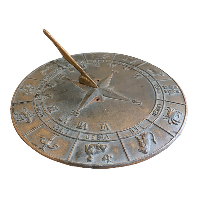 Vintage English Country Iron Garden Sundial With Zodiac Signs For Sale