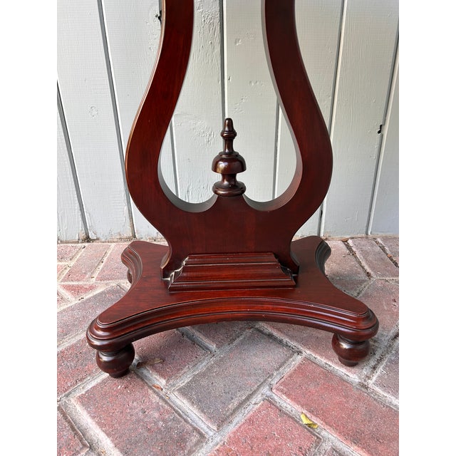 1940s Vintage Lyre Base End Tables - Pair of Carved Mahogany Tone Harp Side Tables For Sale - Image 5 of 11