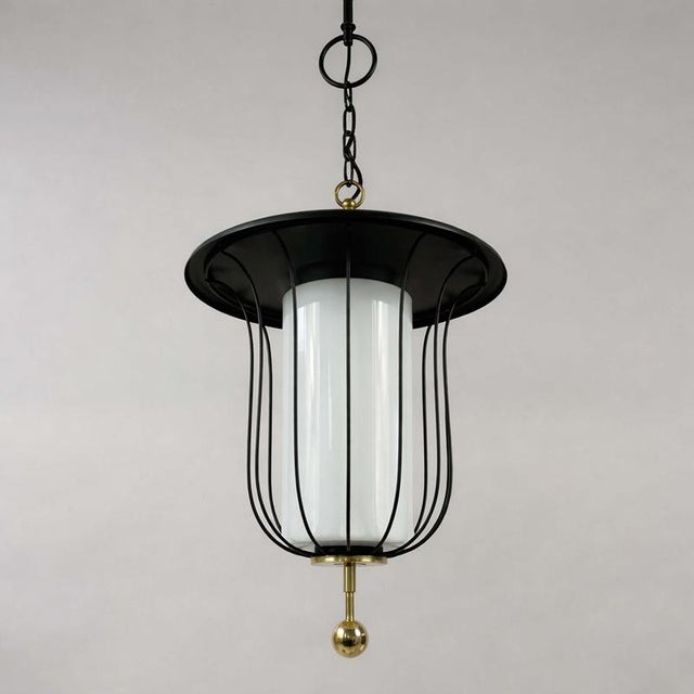 Metal Mid-Century Black Caged Lantern Pendant in Brass and Milk Glass, France, 1950s For Sale - Image 7 of 17
