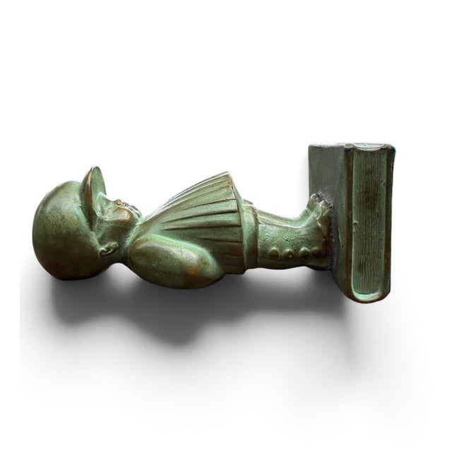Antique Bronze-Clad Boy & Girl Figural Bookends, Verdigris Patina, C. 1920s, Sold as a Pair For Sale In Boston - Image 6 of 10