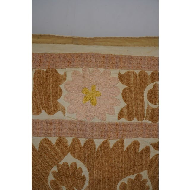 Suzani White Washed Pale Tribal Tapestry - Camel Uzbek Table Cloth 4'3'' X 4'6'' For Sale - Image 10 of 14