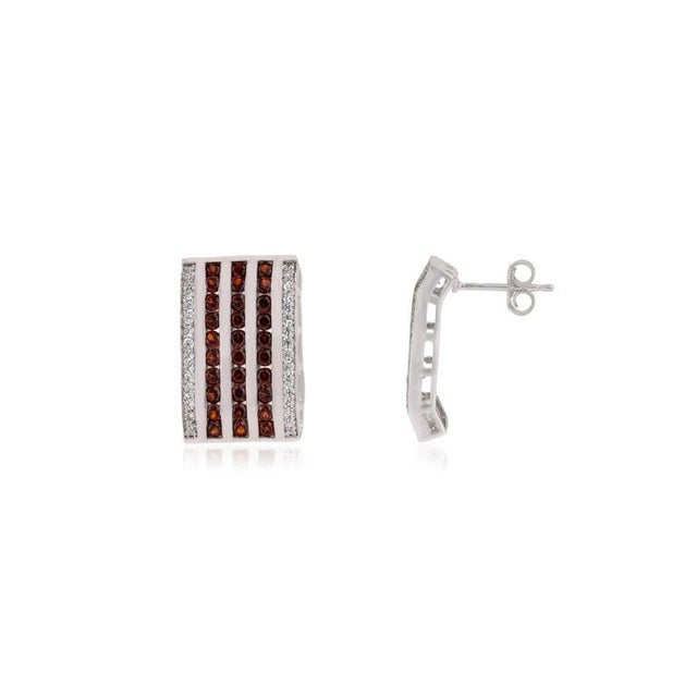 Art Deco Red Garnet Birthstone Wide Bar Silver Earrings With Sparkling Zircons- 2 Pieces For Sale - Image 3 of 11