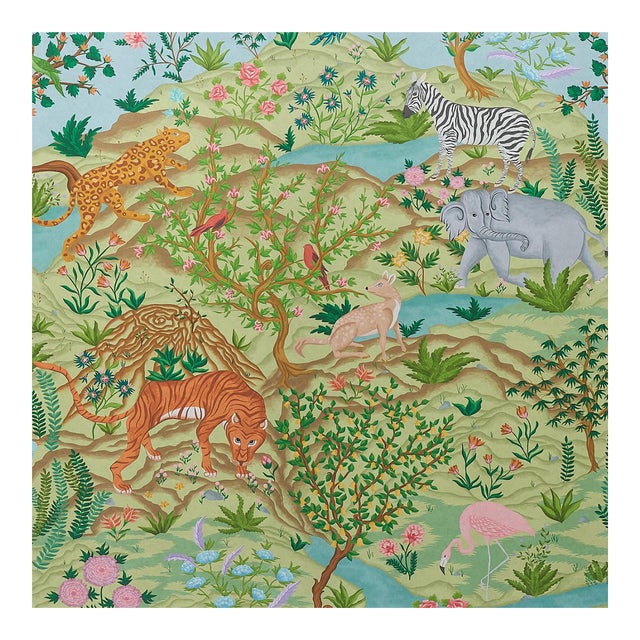 Sample - Schumacher Finches Jungle Panel Set in Verdant For Sale