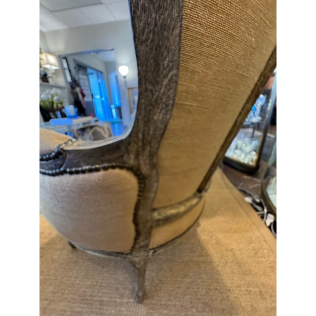 French Country Arhaus French Bergère Style Upholstered Armchairs – Pair | Carved Wood Frame | Neutral Linen For Sale - Image 3 of 8