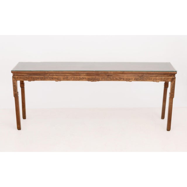 Chinese Hardwood Painting Table, possibly huanghuali, with glass top. 31.75" H x 80.25" W x 19.25" D. Provenance: From an...