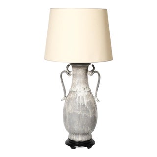 Mid-Century Amphora-Form Gray Glaze Ceramic & Bronze Table Lamp by James Mont For Sale
