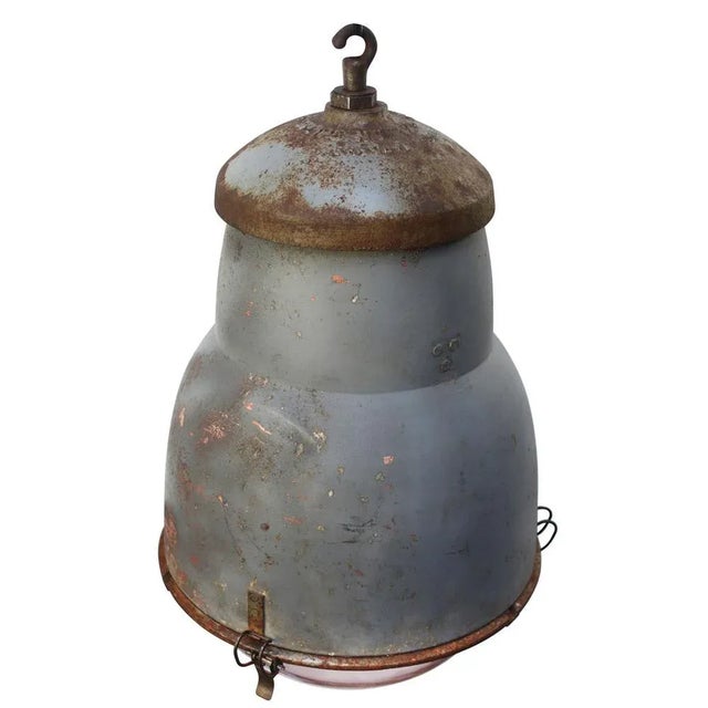 Vintage French Industrial Round Gray Metal Glass Pendant Light from Philips For Sale - Image 4 of 8
