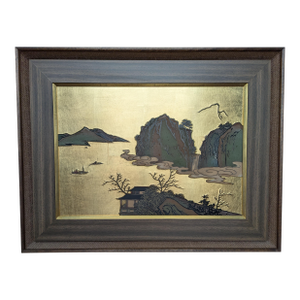 Vintage 24k Gold Leaf & Copper Chōkin Metal Relief Landscape Panel — 1970s