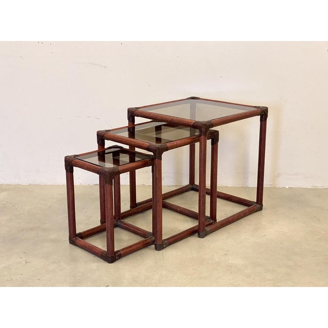 Triptych Bamboo Tables in Leather, 1970s, Set of 3 For Sale - Image 10 of 10