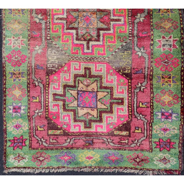 Tribal Vintage Caucasian Kazak Rug With Triple Medallions in Pink and Green 3'10 X 7'0 For Sale - Image 3 of 12