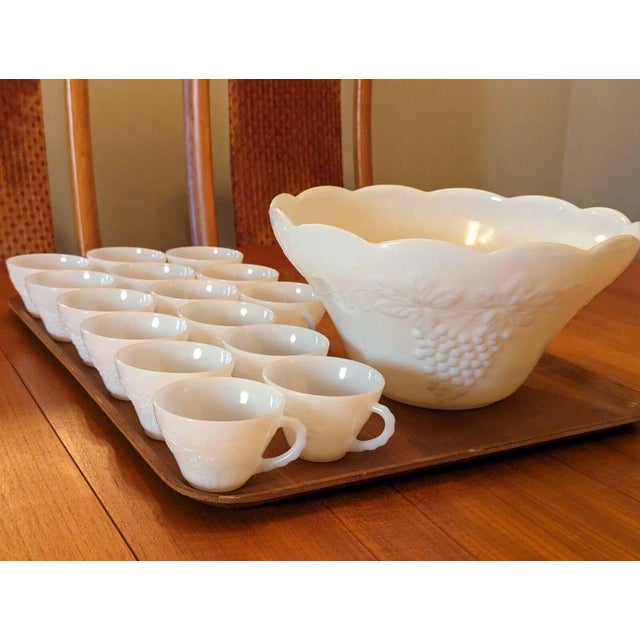 Anchor Hocking Late 20th Century Anchor Hocking Mid Century Milk Glass Grape Design Punch Bowl - 16 Pieces For Sale - Image 4 of 12