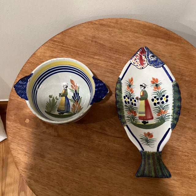 Vintage Henriot Quimper Fish Large Serving Dish, Vintage French Quimper Fish Plate Breton Couple, French Quimper Fish...