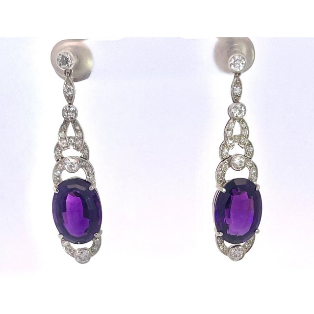 1920s 1920s Edwardian 21ct Amethyst Platinum Drop Earrings With Diamond Accents, Pair For Sale - Image 5 of 12
