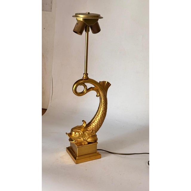 1970s Large French Brass and Gilt Metal Fish Table Lamp, 1970s For Sale - Image 5 of 15