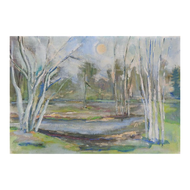 Mid 20th Century Impressionist Plein Air Birch Trees and Pond Landscape Painting For Sale