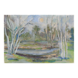 Mid 20th Century Impressionist Plein Air Birch Trees and Pond Landscape Painting