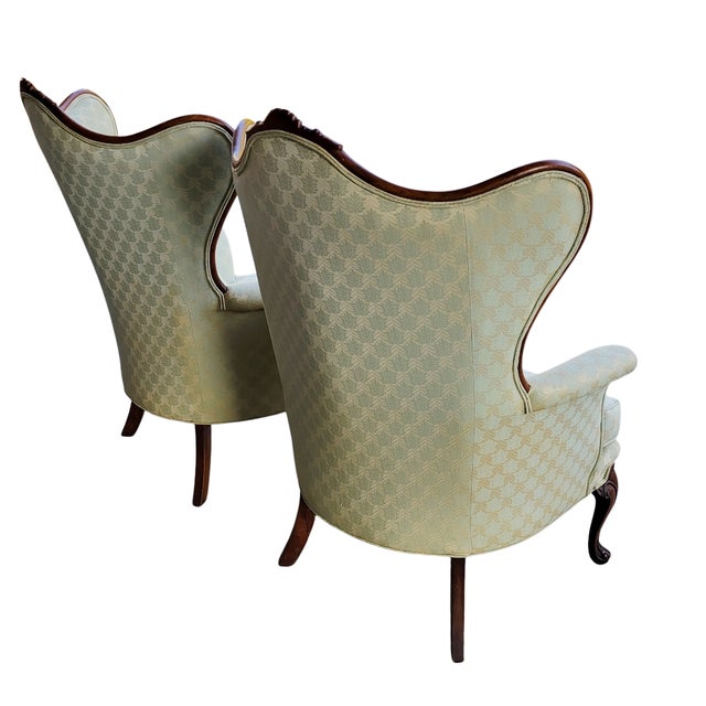 Vintage French Louis XV Style Carved Wood Wingback Bergère Chairs in Pale Green Damask – Pair For Sale - Image 4 of 12