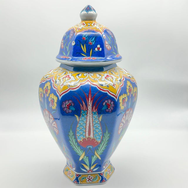 Handmade Ceramic Hexagonal Lidded Jar (30cm) Royal Blue & Yellow Palace Design – 6-Sided “Temple Jar” Vase For Sale - Image 6 of 8