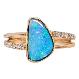 1.6cts Australian Boulder Opal Ring With Natural Diamond Accents: Solid 14k Gold, Size 6.75 For Sale