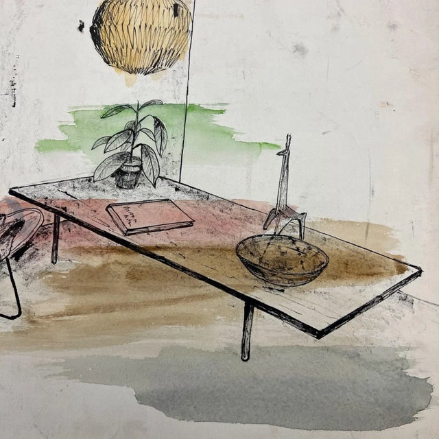 Mid-Century Modern 1960s Cool Blue Watercolor Ink on Paper Mod Interior Butterfly Chair + Pendant For Sale - Image 3 of 10