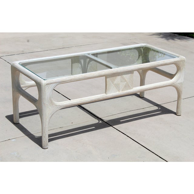 Coastal Vintage 1980s Coastal Pencil Reed Rattan & Glass Coffee Table For Sale - Image 3 of 16