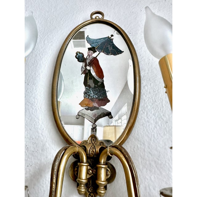 Pair Chinoiserie Eglomise Mirrored Sconces - E F Caldwell For Sale - Image 13 of 16
