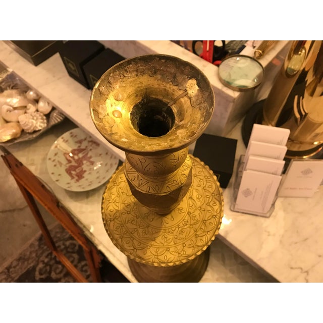 Metal Brass Incised Tall Hand - Made Candleholder For Sale - Image 7 of 8