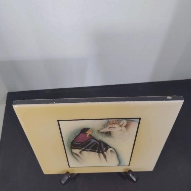 Vintage Mid Century Painted Ceramic Art Tile "The Fox Song" by Kiowa Native American Artist Robert Redbird For Sale - Image 4 of 6