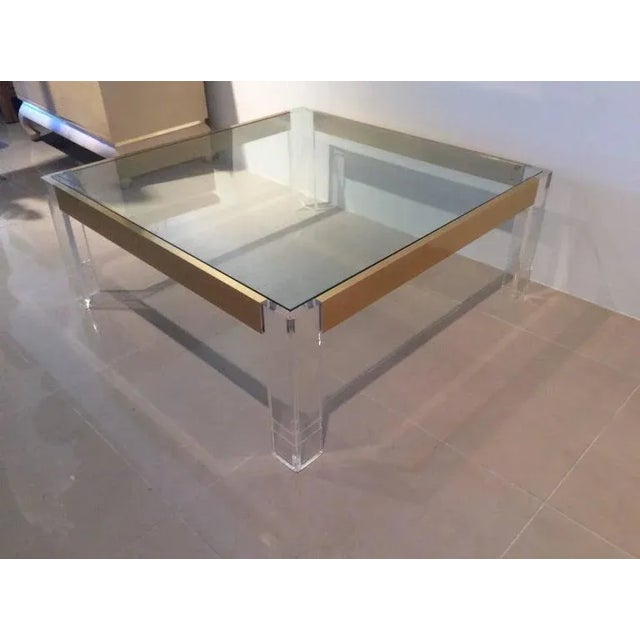 Vintage Charles Hollis Jones Style Lucite & Brass Coffee Cocktail Table For Sale - Image 9 of 12