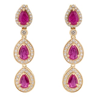 2.05ct Pear Cut Mozambique Ruby Diamond Triple Drop Earrings in 14k Gold- 2 Pieces For Sale