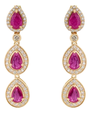 2.05ct Pear Cut Mozambique Ruby Diamond Triple Drop Earrings in 14k Gold- 2 Pieces