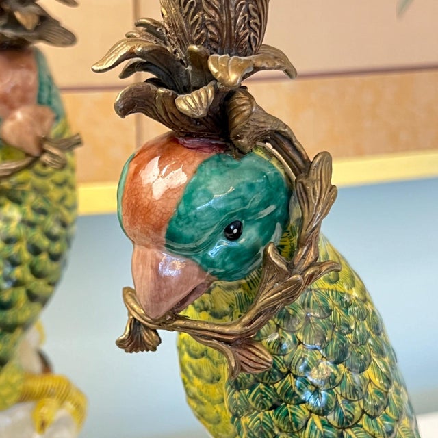 Green Vintage pair of bird figurine candle holders with bronze mounts // hand painted figurines // ceramic birds // elegant vintage decor For Sale - Image 8 of 10