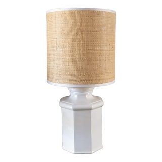 Ceramic Table Lamp with Raffia Lampshade, 1980s For Sale