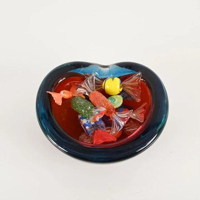 Blue and Red Sommerso Murano Glass Heart-Shaped Bowl by Flavio Poli, Italy, 1960s For Sale - Image 6 of 11
