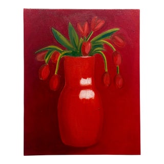 Monochromatic Flower Study /Red Tulip Red Vase Painting For Sale