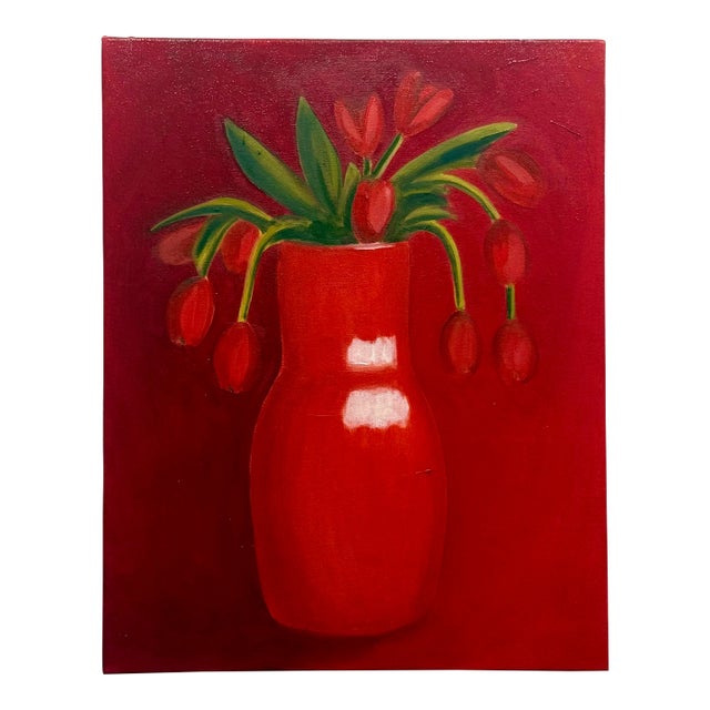 Monochromatic Flower Study /Red Tulip Red Vase Painting For Sale