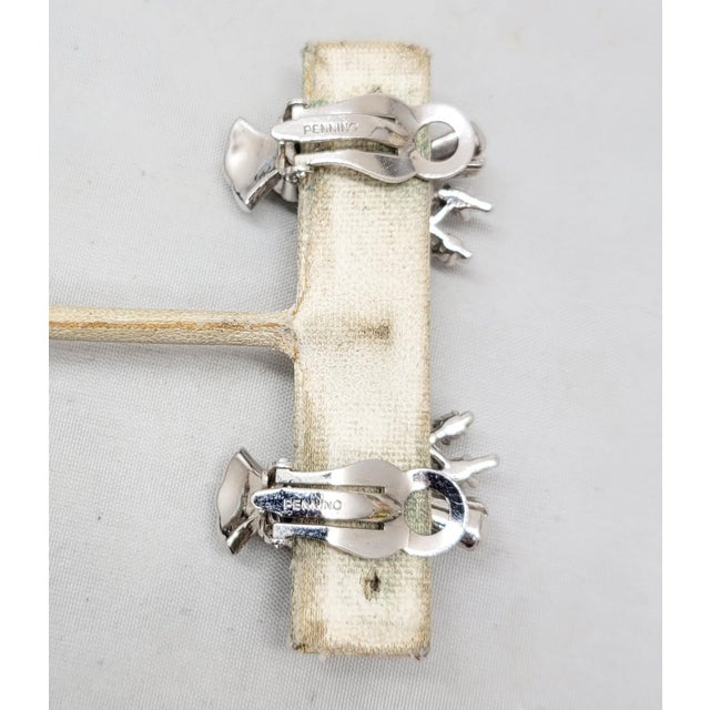 Metal Vintage 1950s Signed Pennino Rhodium Plated Clear Rhinestone Floral Spray Clip Earrings - 2 Pieces For Sale - Image 7 of 8