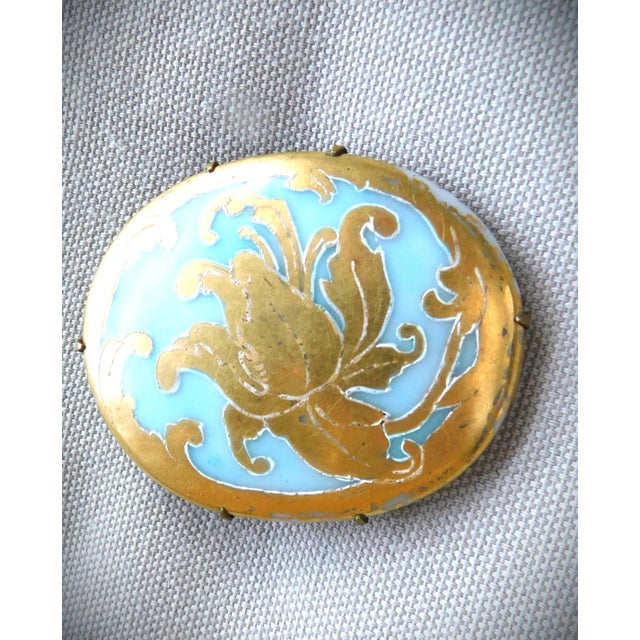 Art Nouveau Limoges Hand-Painted Art Nouveau Aqua Porcelain and Gold Leaf Oval Antique Brooch Pin For Sale - Image 3 of 8