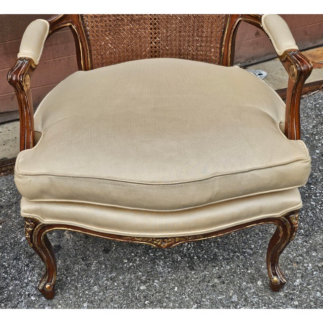 Late 20th Century Pair Century Furniture Lpuis XV Style Walnut Cane Back and Upholstered Fauteuils For Sale - Image 10 of 12
