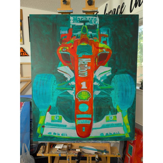 Early 21st Century I always thought that records were meant to be Broken by Shan Fannin | Acrylic on canvas of a red Ferrari F2004 race car For Sale - Image 5 of 5