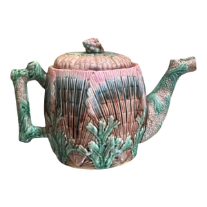 Antique 19c Pink Majolica Pottery Etruscan Teapot